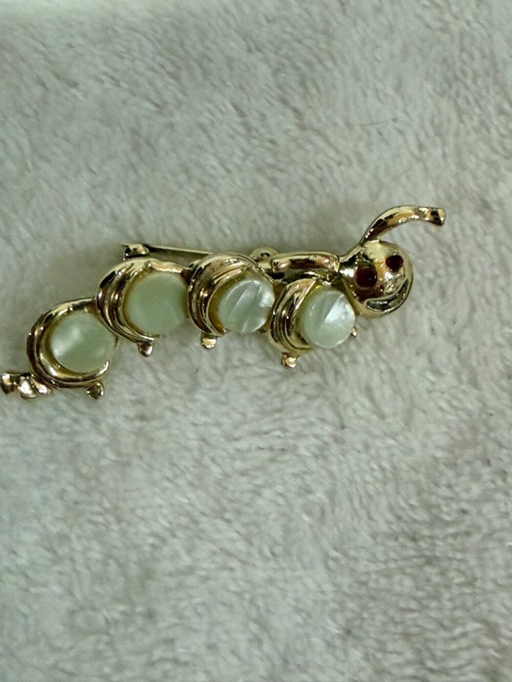 Vintage Gold-Tone Caterpillar Brooch With Green Cabochon Accents & Red Rhineston